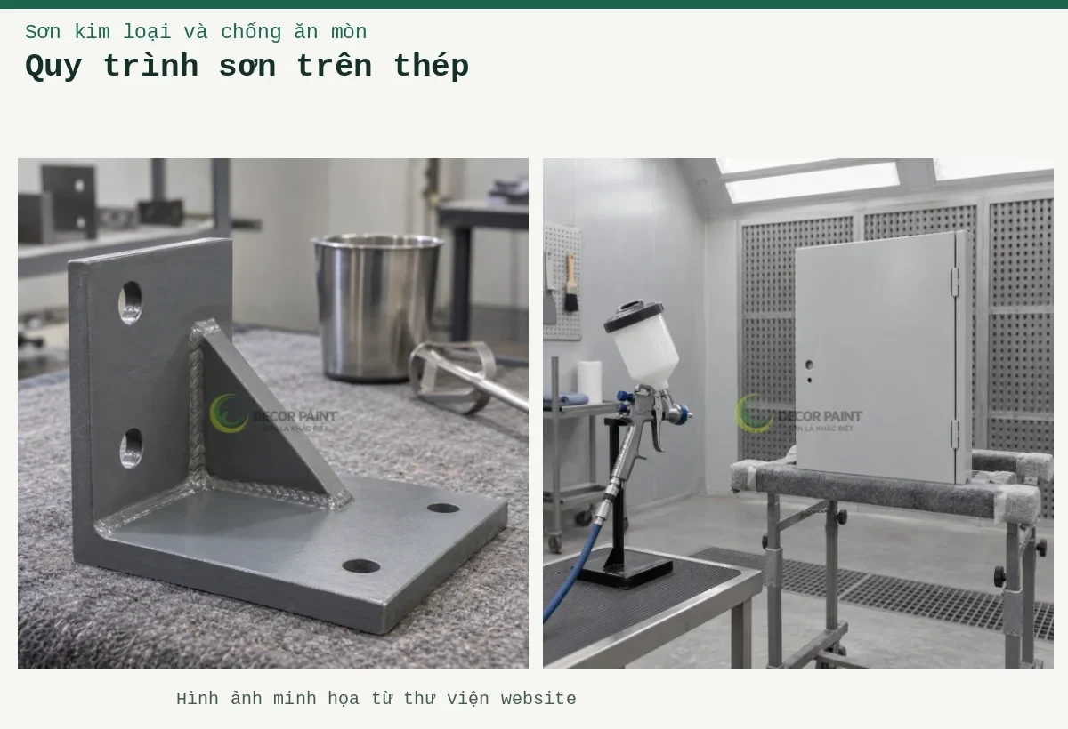 Quy trình sơn trên thép – Ảnh minh họa: Chi tiết ke thép; Súng phun và cánh tủ thép.