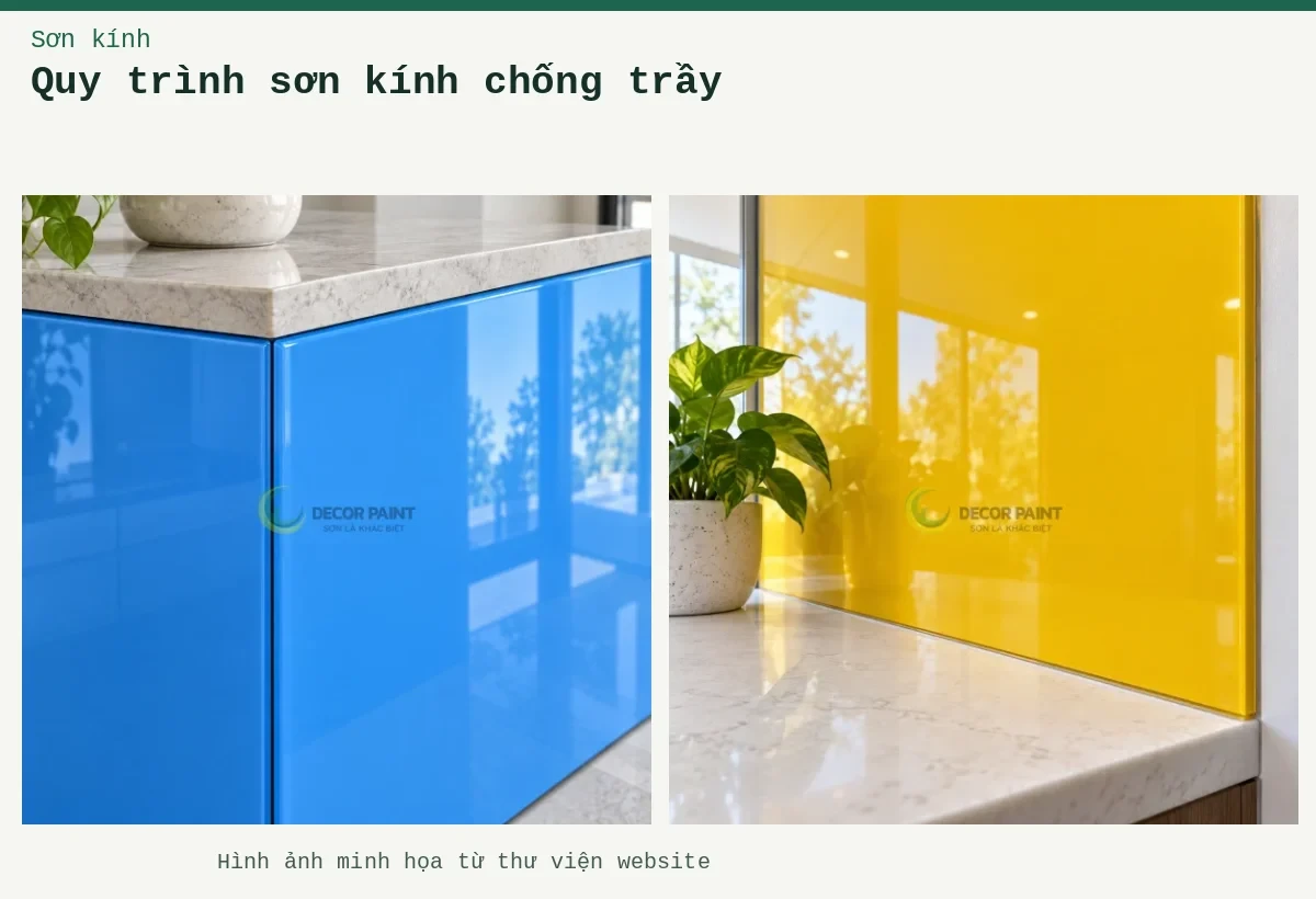 Quy trình sơn kính chống trầy – Ảnh minh họa: Góc nối tủ kính; Mép kính và mặt đá.