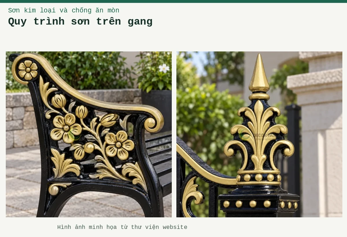 Quy trình sơn trên gang – Ảnh minh họa: Tay ghế gang đúc sơn vàng; Chóp cổng gang đúc.