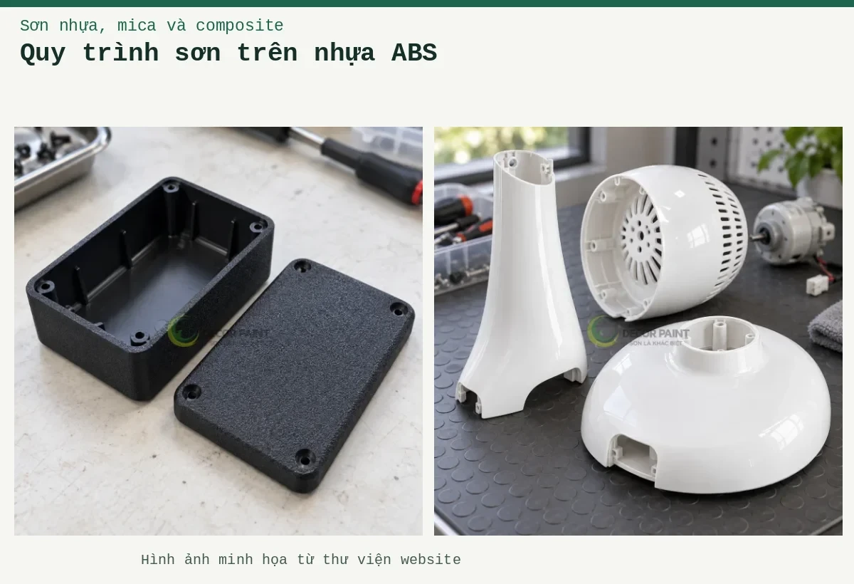Quy trình sơn trên nhựa ABS – Ảnh minh họa: Hộp thiết bị nhựa ABS và nắp rời hoàn thiện sơn nhám đen; Bộ vỏ quạt bàn bằng nhựa ABS với bề mặt sơn trắng bóng trên bàn bảo trì.