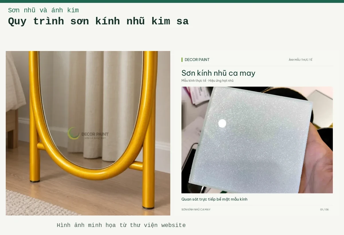 Quy trình sơn kính nhũ kim sa – Ảnh minh họa: Sơn kính nhũ ca may – Mẫu kính thực tế; Khung gương đứng vàng nghệ.