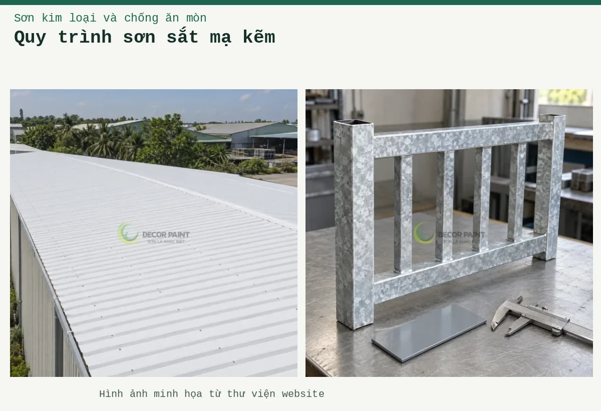 Quy trình sơn sắt mạ kẽm – Ảnh minh họa: Mẫu hàng rào thép mạ kẽm, tấm màu xám và thước cặp trên bàn; Mái tôn nhà xưởng phủ màu trắng, nhìn chéo theo các đường sóng mái.