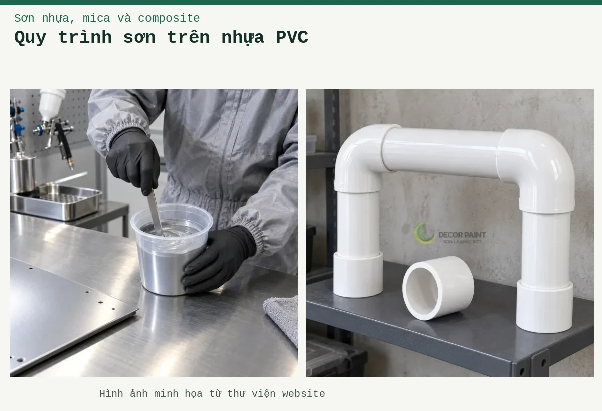 Quy trình sơn trên nhựa PVC – Ảnh minh họa: Cụm ống, cút nối và măng sông PVC phủ sơn trắng bóng trên giá kỹ thuật; Pha sơn hai thành phần với chất đóng rắn – khuấy trộn sơn hai thành phần.