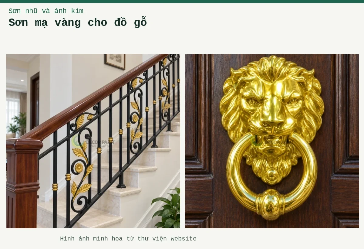Sơn mạ vàng cho đồ gỗ – Ảnh minh họa: Cầu thang sắt đen nhũ vàng tay vịn gỗ; Tay gõ cửa giả vàng.