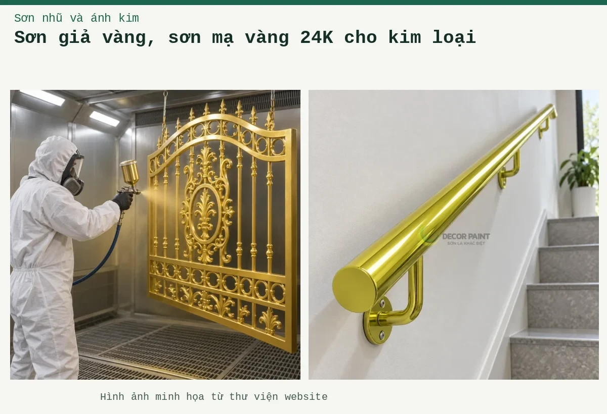 Sơn giả vàng, sơn mạ vàng 24K cho kim loại – Ảnh minh họa: Sơn nhũ vàng 24K trên kim loại – thi công bằng súng phun trong buồng phun; Tay vịn ống kim loại sơn giả vàng.