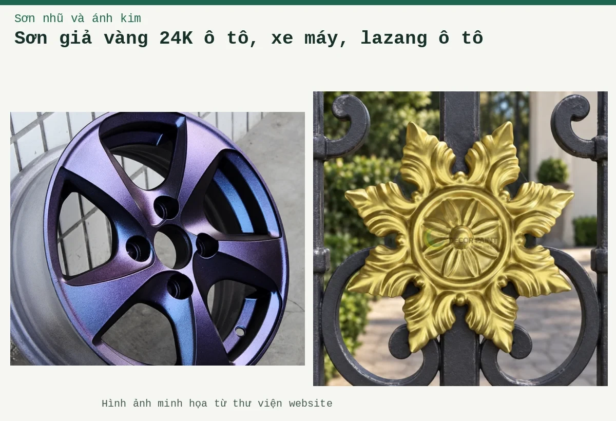 Sơn giả vàng 24K ô tô, xe máy, lazang ô tô – Ảnh minh họa: Mâm ô tô với lớp hoàn thiện hiệu ứng màu tím; Hoa sắt sơn nhũ vàng 24K.