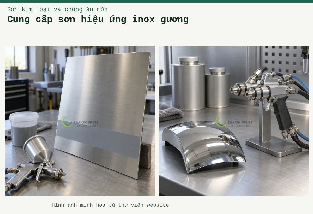 Cung cấp sơn hiệu ứng inox gương – Ảnh minh họa: Dụng cụ phun mạ và mẫu phủ chrome; Tấm inox xước với dải phủ thử màu xám, cốc pha và súng phun trên bàn chuẩn bị.