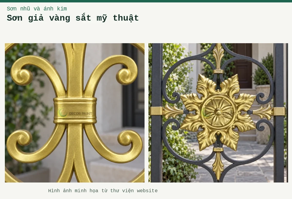 Sơn giả vàng sắt mỹ thuật – Ảnh minh họa: Tấm hoa văn sắt sơn nhũ vàng 24K; Chi tiết cuốn sắt sơn nhũ vàng 24K.
