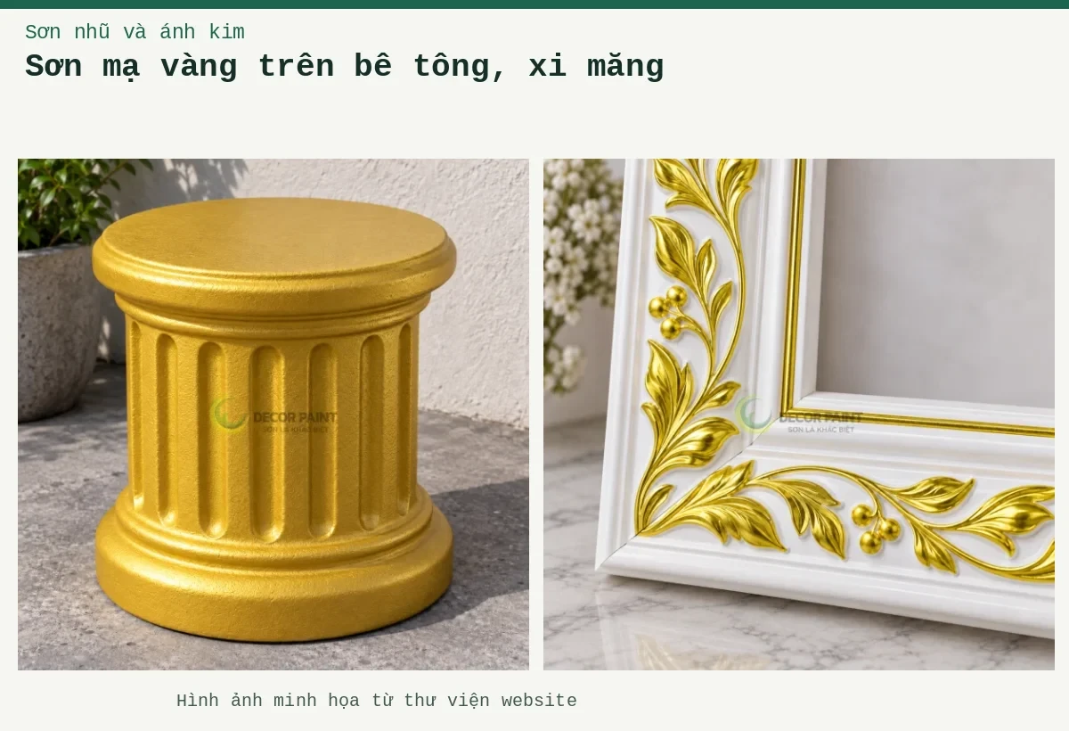 Sơn mạ vàng trên bê tông, xi măng – Ảnh minh họa: Đôn tròn bê tông sơn vàng; Chi tiết vàng 24K số 3.