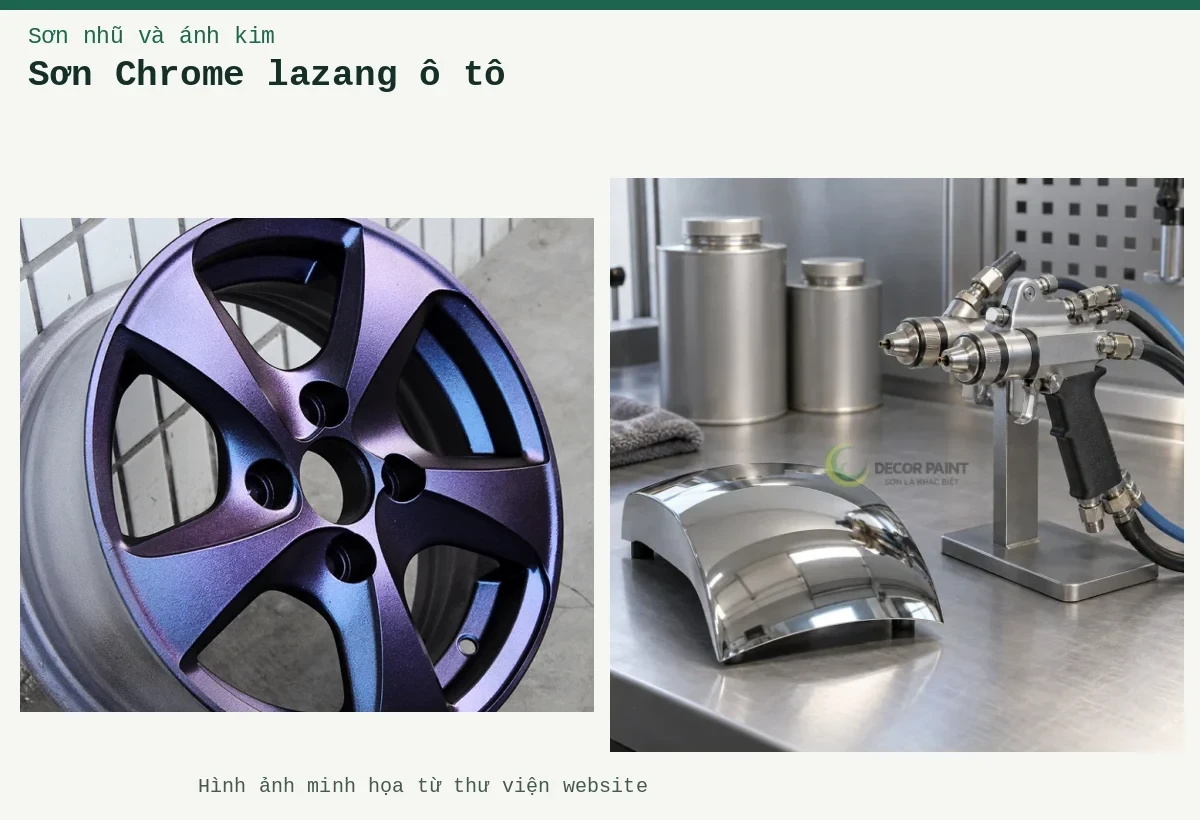 Sơn Chrome lazang ô tô – Ảnh minh họa: Mâm ô tô với lớp hoàn thiện hiệu ứng màu tím; Dụng cụ phun mạ và mẫu phủ chrome.