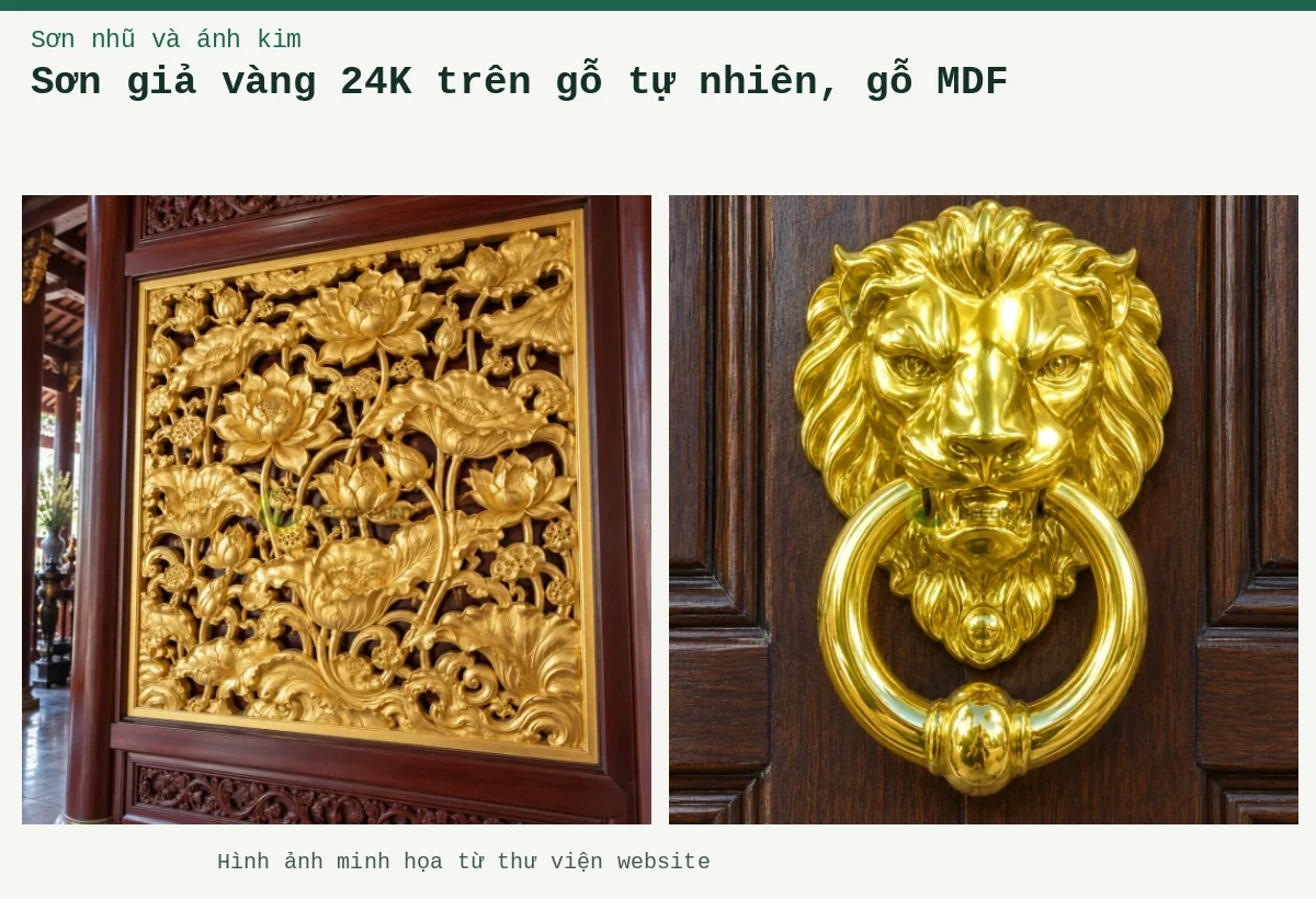 Sơn giả vàng 24K trên gỗ tự nhiên, gỗ MDF – Ảnh minh họa: Tay gõ cửa giả vàng; Tấm gỗ chạm hoa sen nhũ vàng.