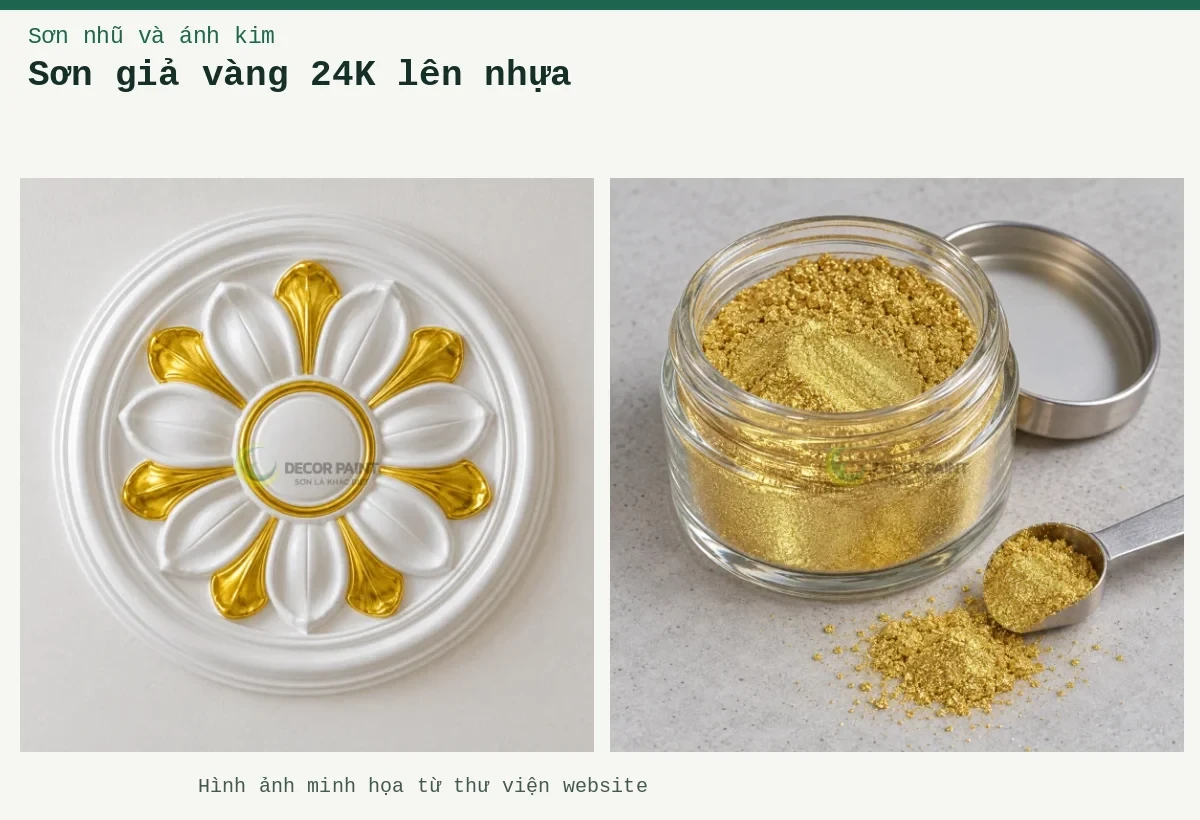 Sơn giả vàng 24K lên nhựa – Ảnh minh họa: Mâm trần composite nhũ vàng; Lọ mẫu bột nhũ vàng chanh 084.