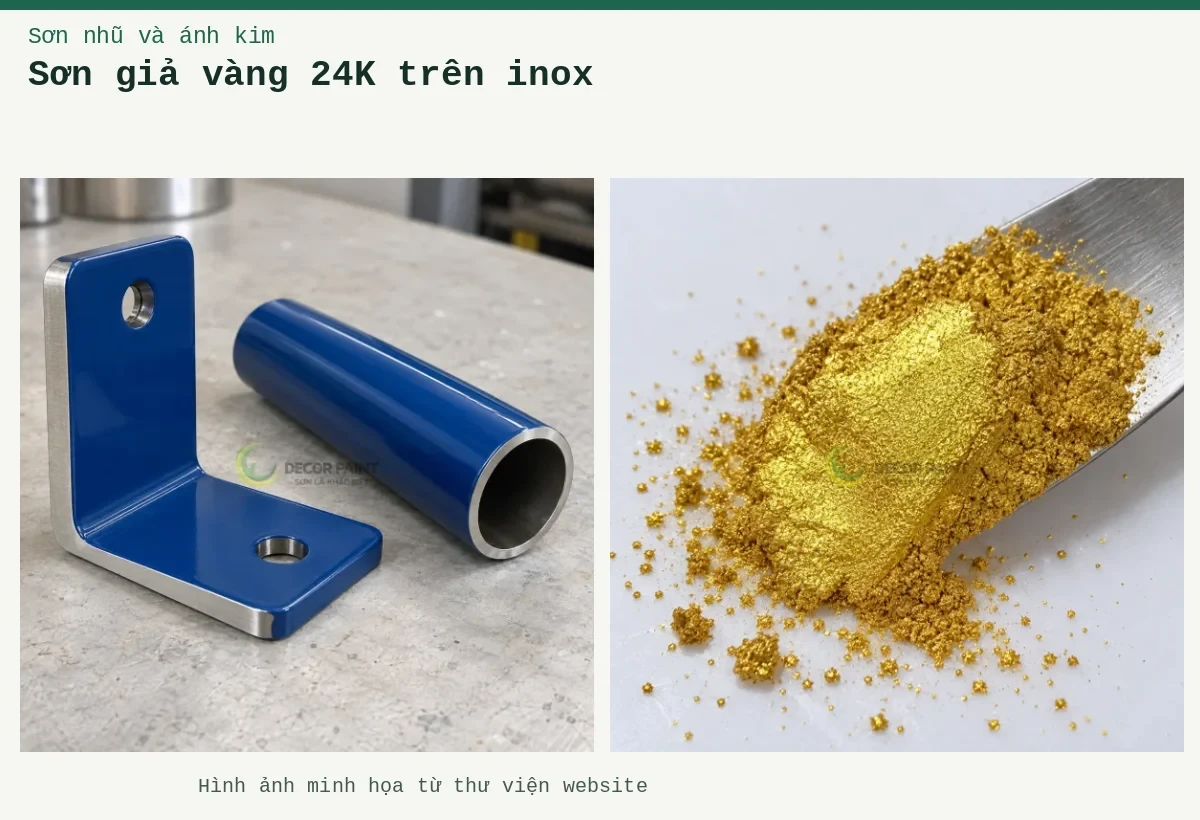 Sơn giả vàng 24K trên inox – Ảnh minh họa: Bột nhũ vàng A11 trên thìa lấy mẫu; Minh họa giá đỡ và ống inox phủ màu xanh, với mép kim loại để đối chiếu.