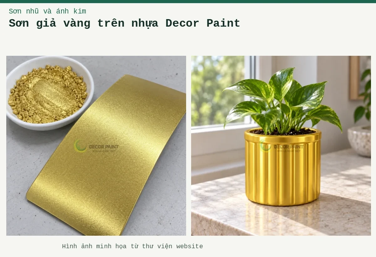 Sơn giả vàng trên nhựa Decor Paint – Ảnh minh họa: Chậu composite giả vàng; Tấm mẫu sơn nhũ vàng chanh 084.