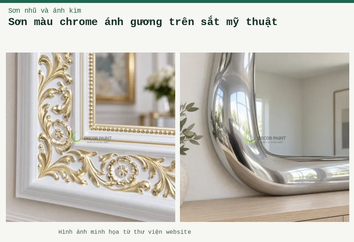 Sơn màu chrome ánh gương trên sắt mỹ thuật – Ảnh minh họa: Khung gương Chrome; Khung gương ánh kim.
