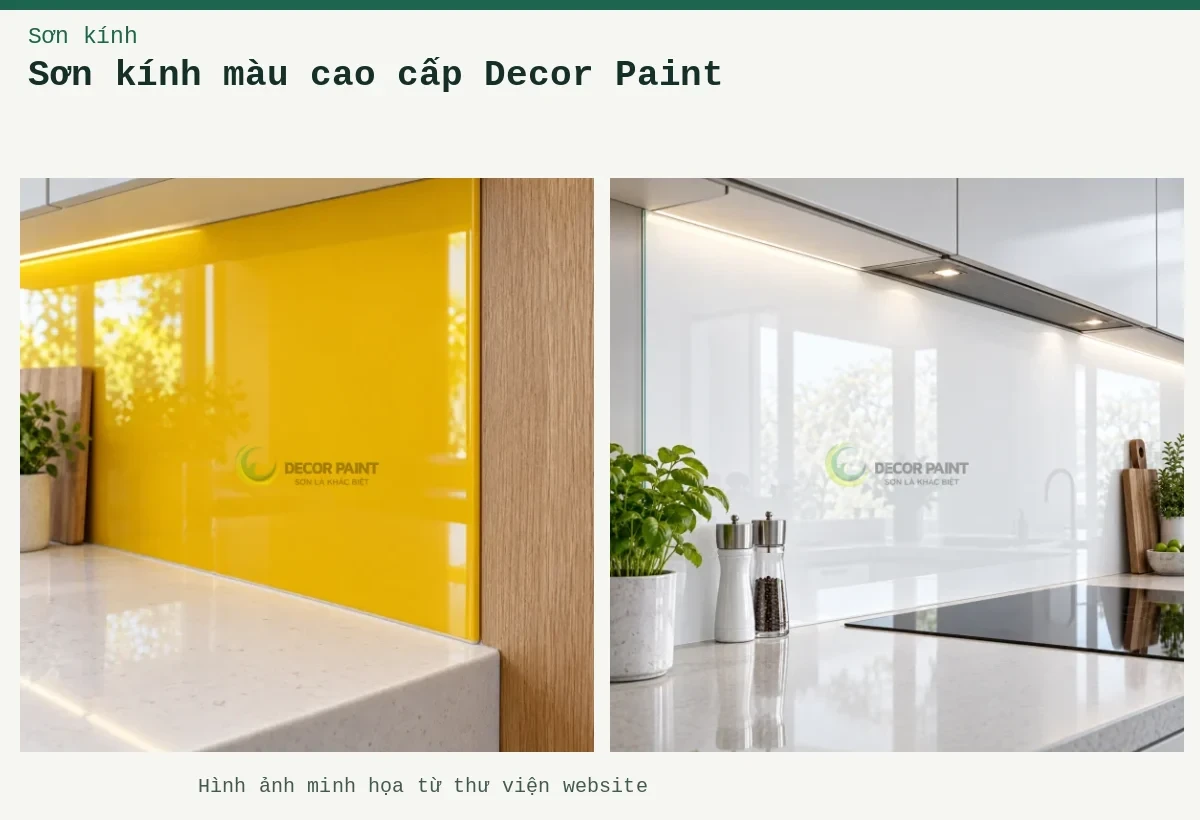 Sơn kính màu cao cấp Decor Paint – Ảnh minh họa: Kính bếp trắng bóng; Mép kính và đá.