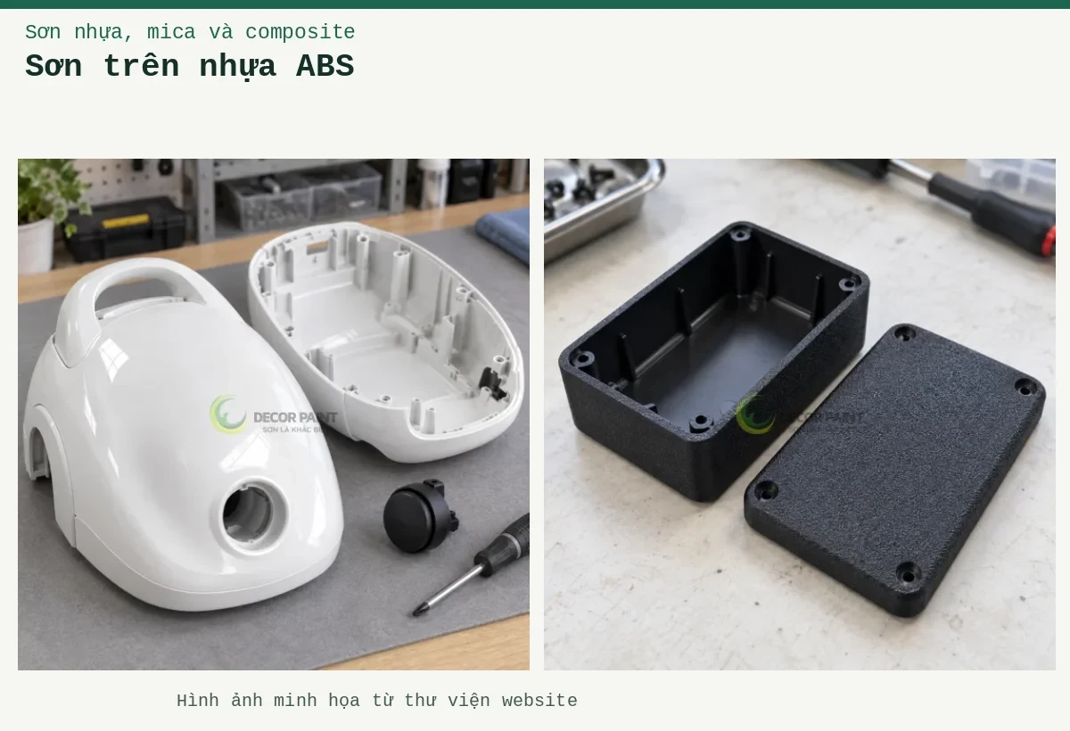 Sơn trên nhựa ABS – Ảnh minh họa: Hộp thiết bị nhựa ABS và nắp rời hoàn thiện sơn nhám đen; Hai phần vỏ máy hút bụi ABS màu trắng bóng với gân và chân bắt vít bên trong.