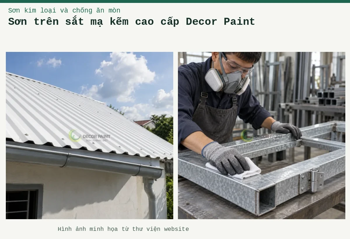 Sơn trên sắt mạ kẽm cao cấp Decor Paint – Ảnh minh họa: Lau sạch bề mặt khung thép mạ kẽm trước khi sơn, chú ý các cạnh thép và vị trí liên kết; Mái tôn nhà ở màu trắng với máng xối và ống thoát nước.