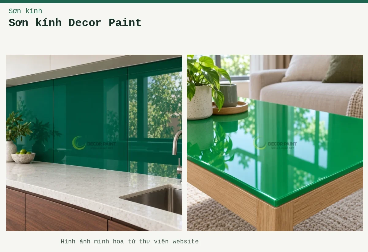 Sơn kính Decor Paint – Ảnh minh họa: Mặt bàn kính xanh lá; Kính bếp xanh ngọc.
