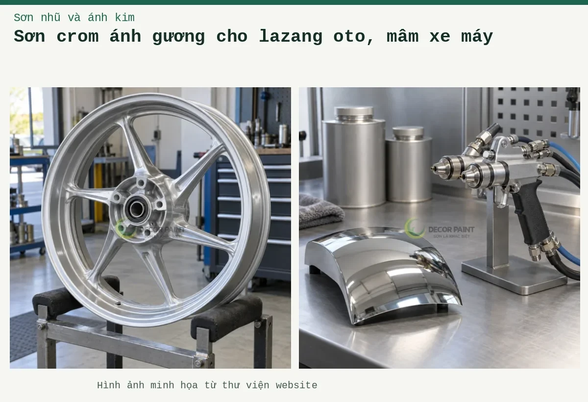 Sơn crom ánh gương cho lazang oto, mâm xe máy – Ảnh minh họa: Mâm xe máy phủ sơn bạc; Dụng cụ phun mạ và mẫu phủ chrome.