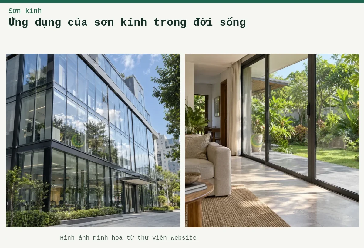 Ứng dụng của sơn kính trong đời sống – Ảnh minh họa: Mặt dựng kính trong của văn phòng dưới ánh sáng ban ngày; Hệ cửa kính trong phòng khách hướng ra sân vườn.