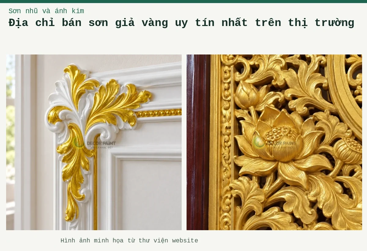 Địa chỉ bán sơn giả vàng uy tín nhất trên thị trường – Ảnh minh họa: Góc phào chỉ PU nhũ vàng A12; Chi tiết hoa sen nhũ vàng A11.
