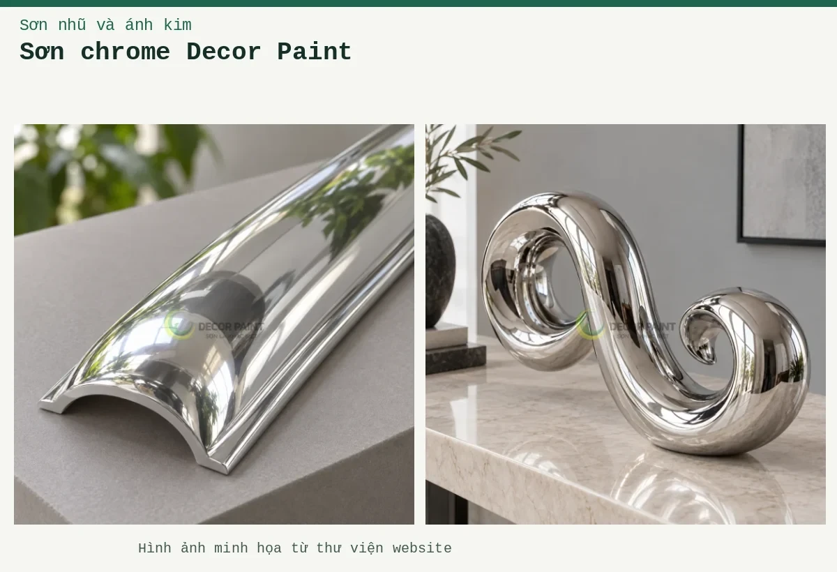 Sơn chrome Decor Paint – Ảnh minh họa: Nẹp cong chrome; Bình trang trí chrome.
