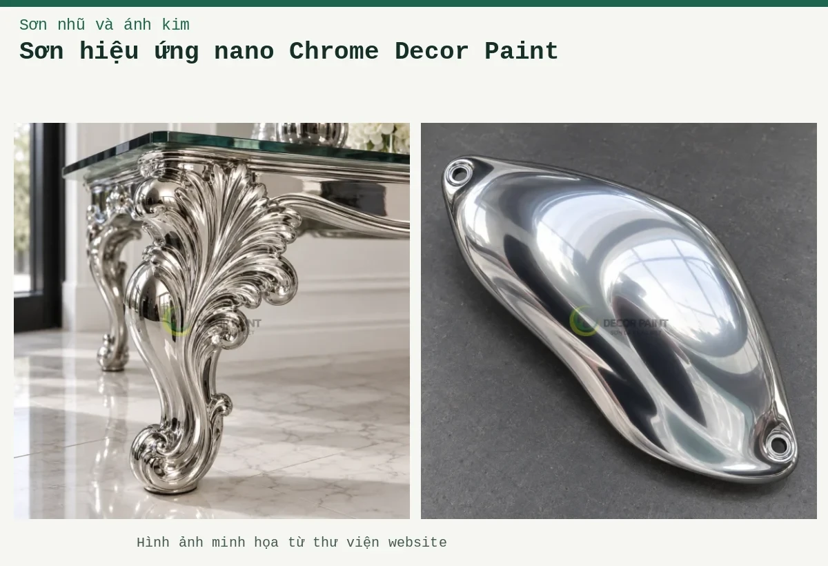 Sơn hiệu ứng nano Chrome Decor Paint – Ảnh minh họa: Ốp cong Chrome; Cận bề mặt chrome.