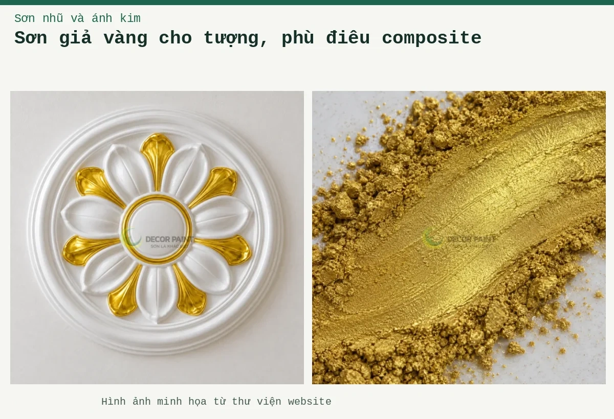 Sơn giả vàng cho tượng, phù điêu composite – Ảnh minh họa: Mâm trần composite nhũ vàng; Cận cảnh vệt bột nhũ vàng A02.
