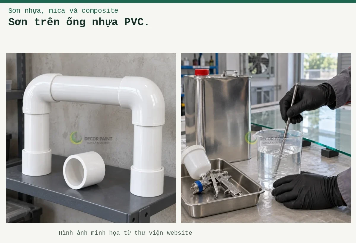 Sơn trên ống nhựa PVC. – Ảnh minh họa: Cụm ống, cút nối và măng sông PVC phủ sơn trắng bóng trên giá kỹ thuật; Khuấy dung môi.