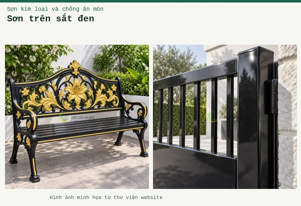 Sơn trên sắt đen – Ảnh minh họa: Ghế sắt đen vàng; Cổng sắt nhũ đen.
