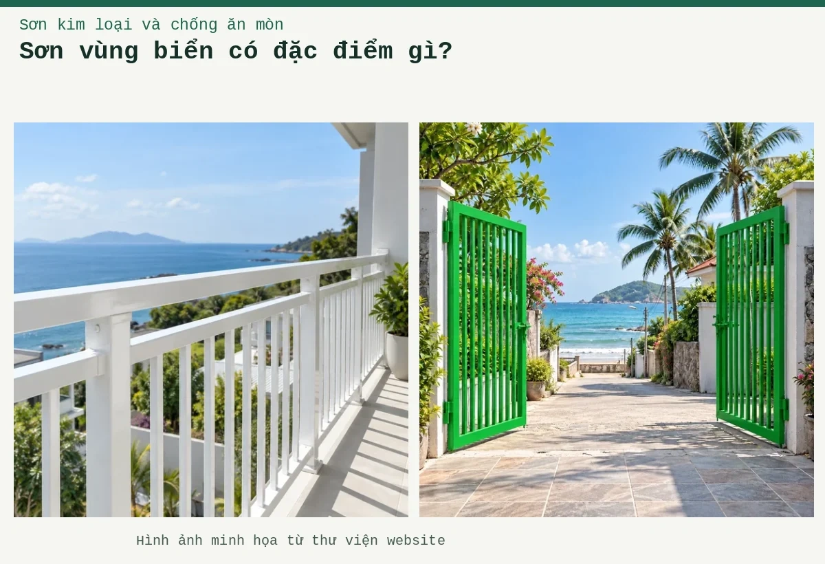 Sơn vùng biển có đặc điểm gì? – Ảnh minh họa: Sơn kim loại trắng bóng – lan can ban công ven biển; Sơn kim loại xanh lá mạ – cổng mở nhìn ra đường ven biển.
