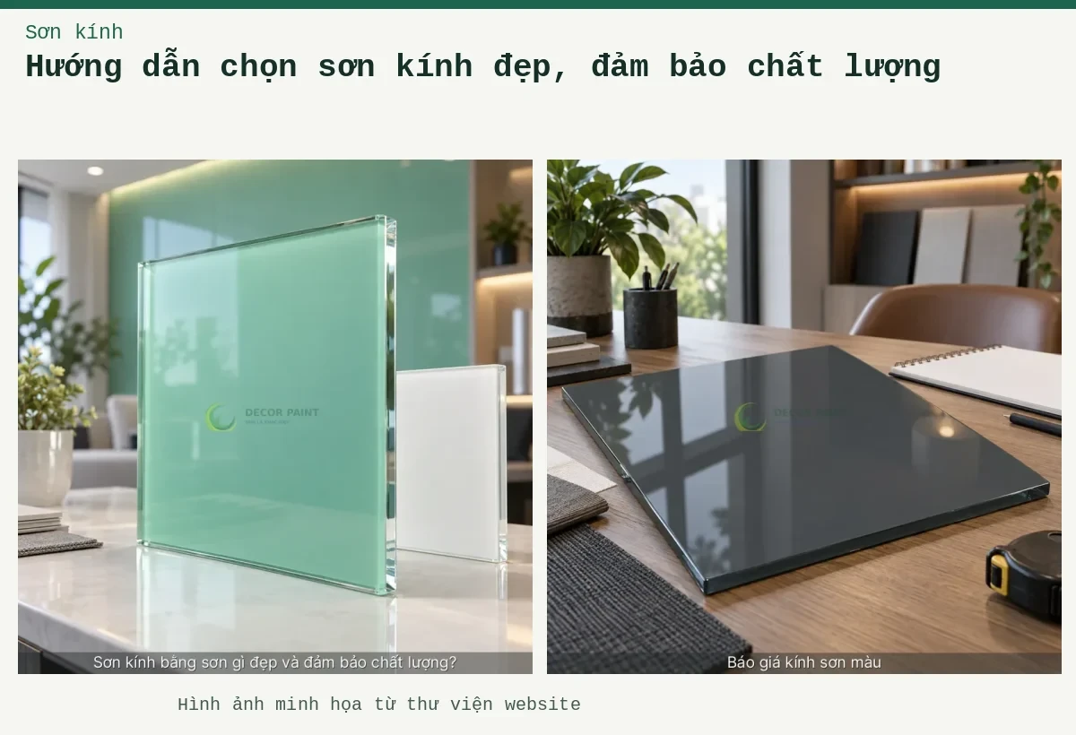 Hướng dẫn chọn sơn kính đẹp, đảm bảo chất lượng – Ảnh minh họa: Minh họa sơn kính bằng sơn gì đẹp và đảm bảo chất lượng? với bề mặt kính và màu xanh ngọc; Minh họa báo giá kính sơn màu với bề mặt kính và màu xingfa ghi đậm.