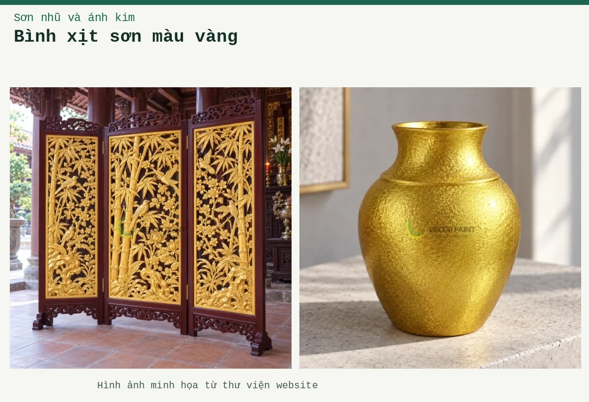Bình xịt sơn màu vàng – Ảnh minh họa: Bình phong nhũ vàng trang trí; Bình trang trí nhũ vàng A04.