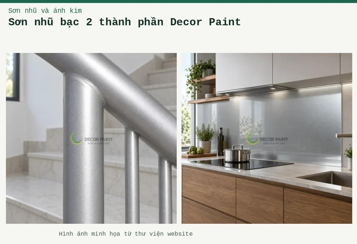 Sơn nhũ bạc 2 thành phần Decor Paint – Ảnh minh họa: Lan can phủ nhũ bạc; Kính ốp bếp phủ nhũ bạc.