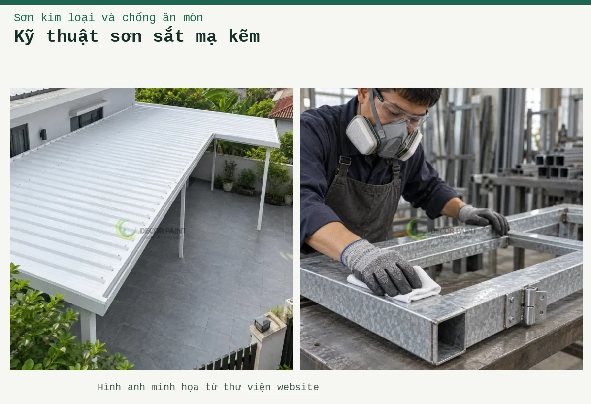 Kỹ thuật sơn sắt mạ kẽm – Ảnh minh họa: Lau sạch bề mặt khung thép mạ kẽm trước khi sơn, chú ý các cạnh thép và vị trí liên kết; Mái che sân nhà bằng tôn màu trắng.