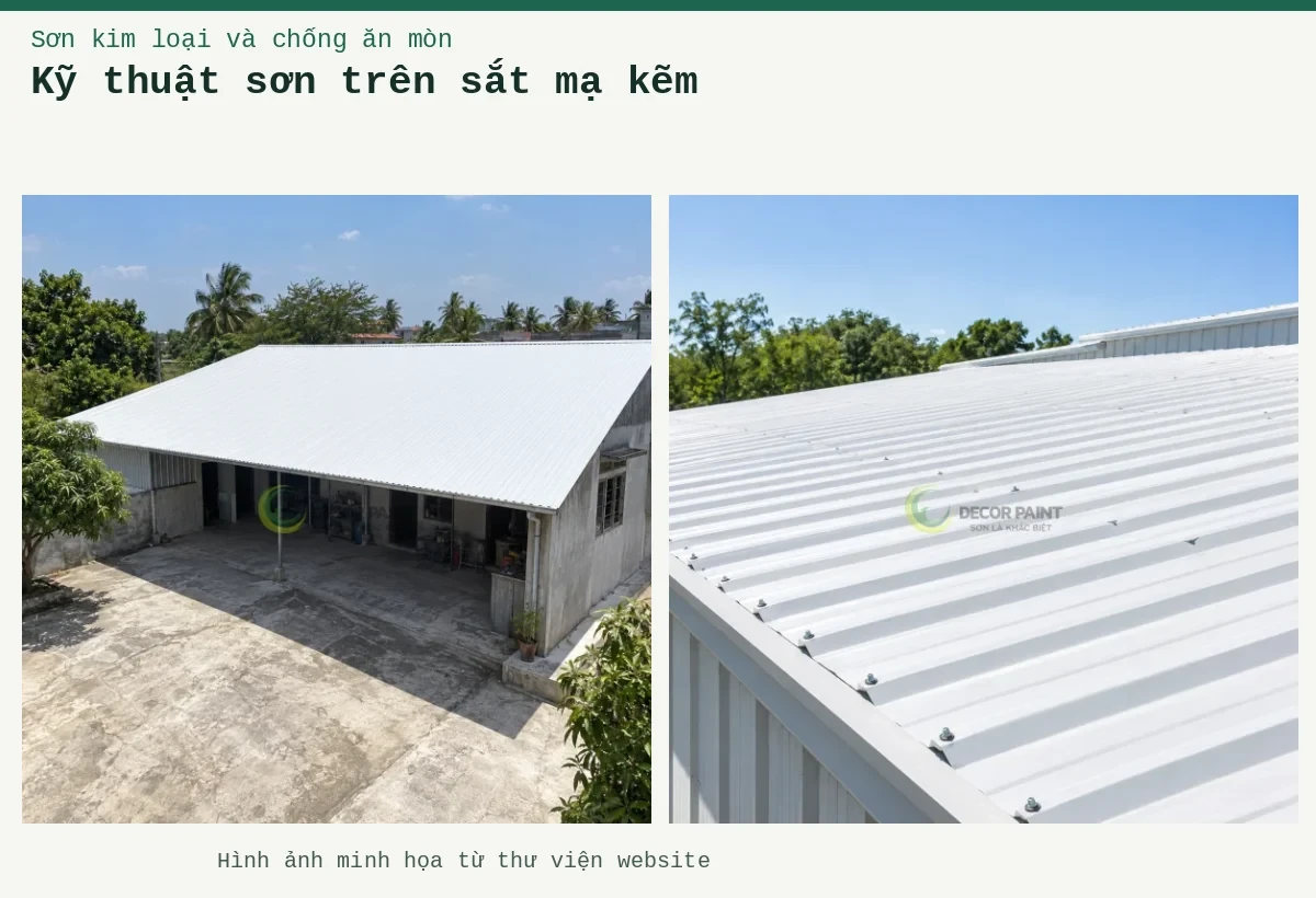Kỹ thuật sơn trên sắt mạ kẽm – Ảnh minh họa: Mái tôn trắng của công trình một tầng và khoảng sân phía trước; Mái tôn phủ trắng dưới ánh nắng.