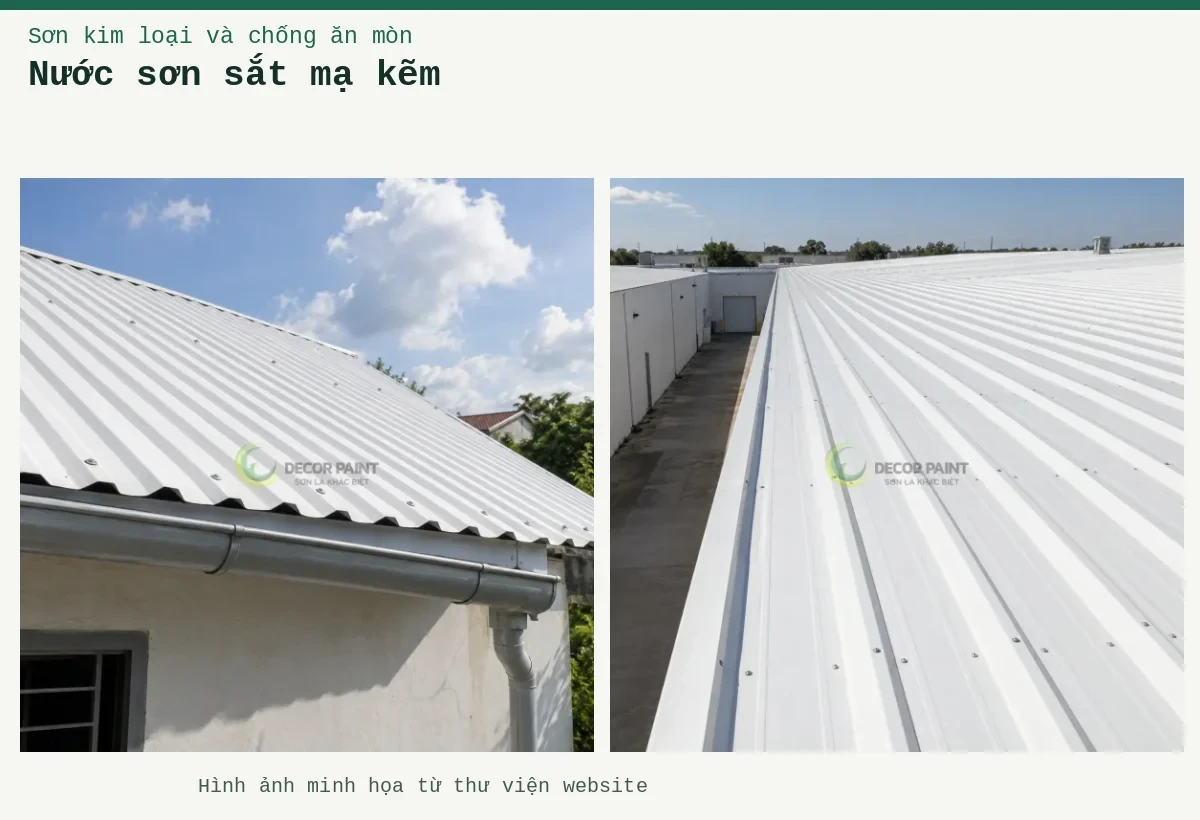 Nước sơn sắt mạ kẽm – Ảnh minh họa: Mái tôn nhà ở màu trắng với máng xối và ống thoát nước; Các dải mái tôn công nghiệp màu trắng nhìn dọc theo công trình.