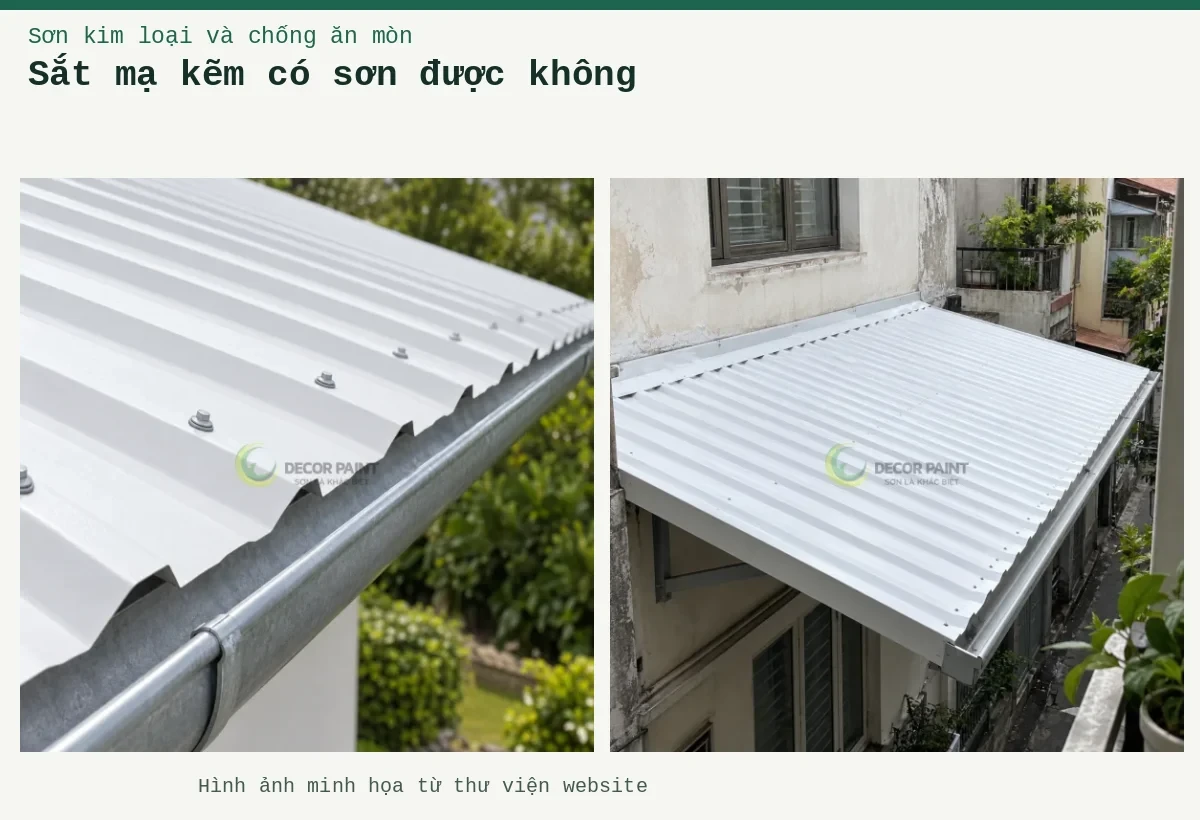 Sắt mạ kẽm có sơn được không – Ảnh minh họa: Chi tiết mép tôn trắng, vít mái và máng xối; Mái tôn trắng trên nhà phố dạng hẹp trong khu dân cư Hà Nội.