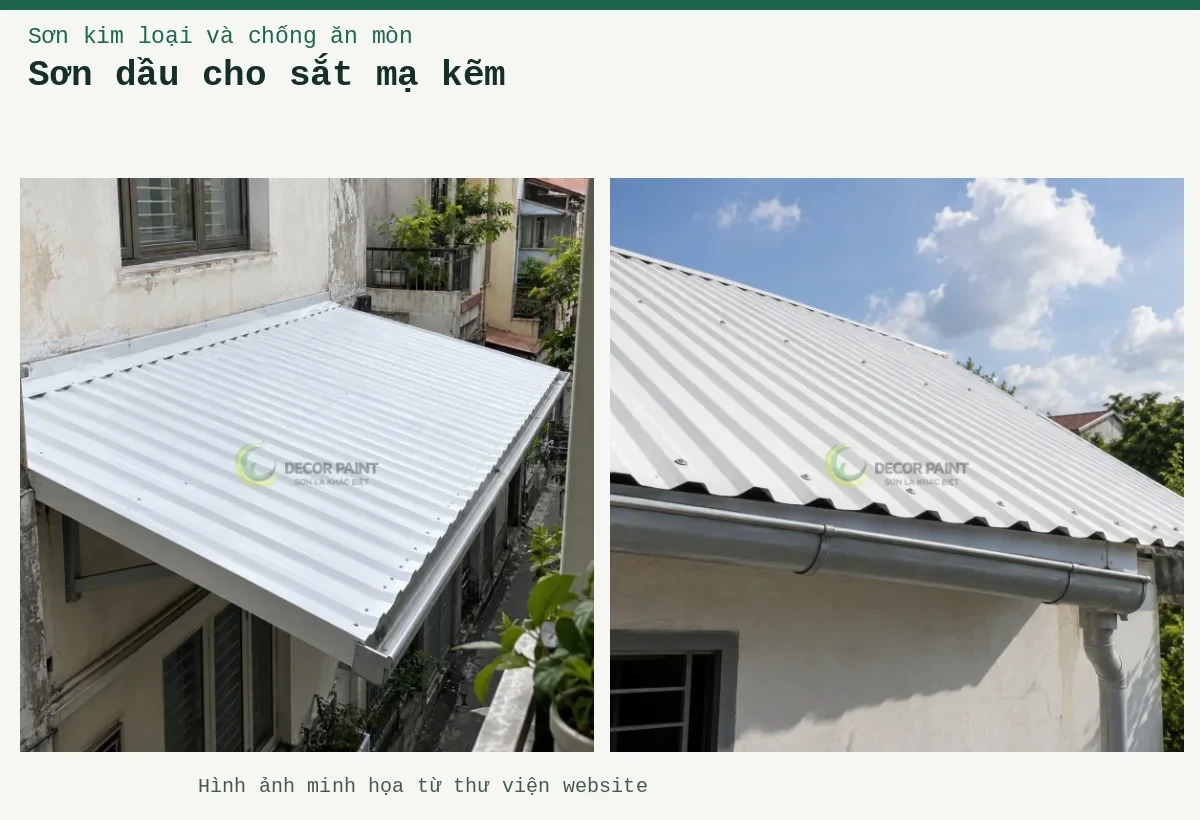 Sơn dầu cho sắt mạ kẽm – Ảnh minh họa: Mái tôn nhà ở màu trắng với máng xối và ống thoát nước; Mái tôn trắng trên nhà phố dạng hẹp trong khu dân cư Hà Nội.