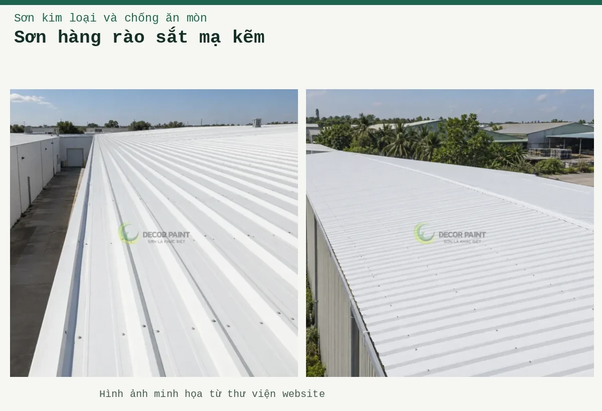 Sơn hàng rào sắt mạ kẽm – Ảnh minh họa: Các dải mái tôn công nghiệp màu trắng nhìn dọc theo công trình; Mái tôn nhà xưởng phủ màu trắng, nhìn chéo theo các đường sóng mái.