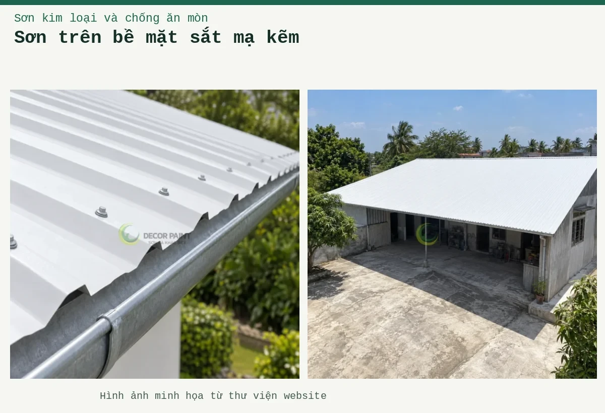 Sơn trên bề mặt sắt mạ kẽm – Ảnh minh họa: Mái tôn trắng của công trình một tầng và khoảng sân phía trước; Chi tiết mép tôn trắng, vít mái và máng xối.
