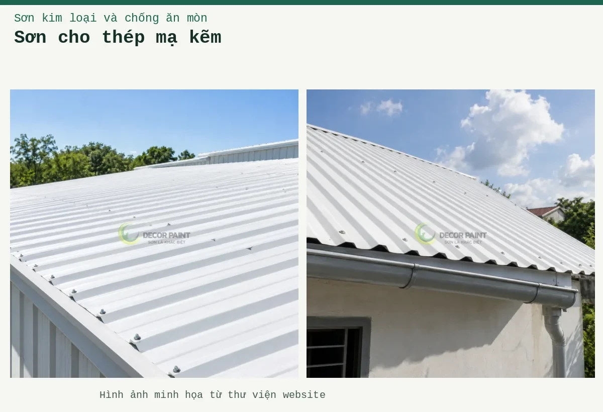 Sơn cho thép mạ kẽm – Ảnh minh họa: Mái tôn nhà ở màu trắng với máng xối và ống thoát nước; Mái tôn phủ trắng dưới ánh nắng.