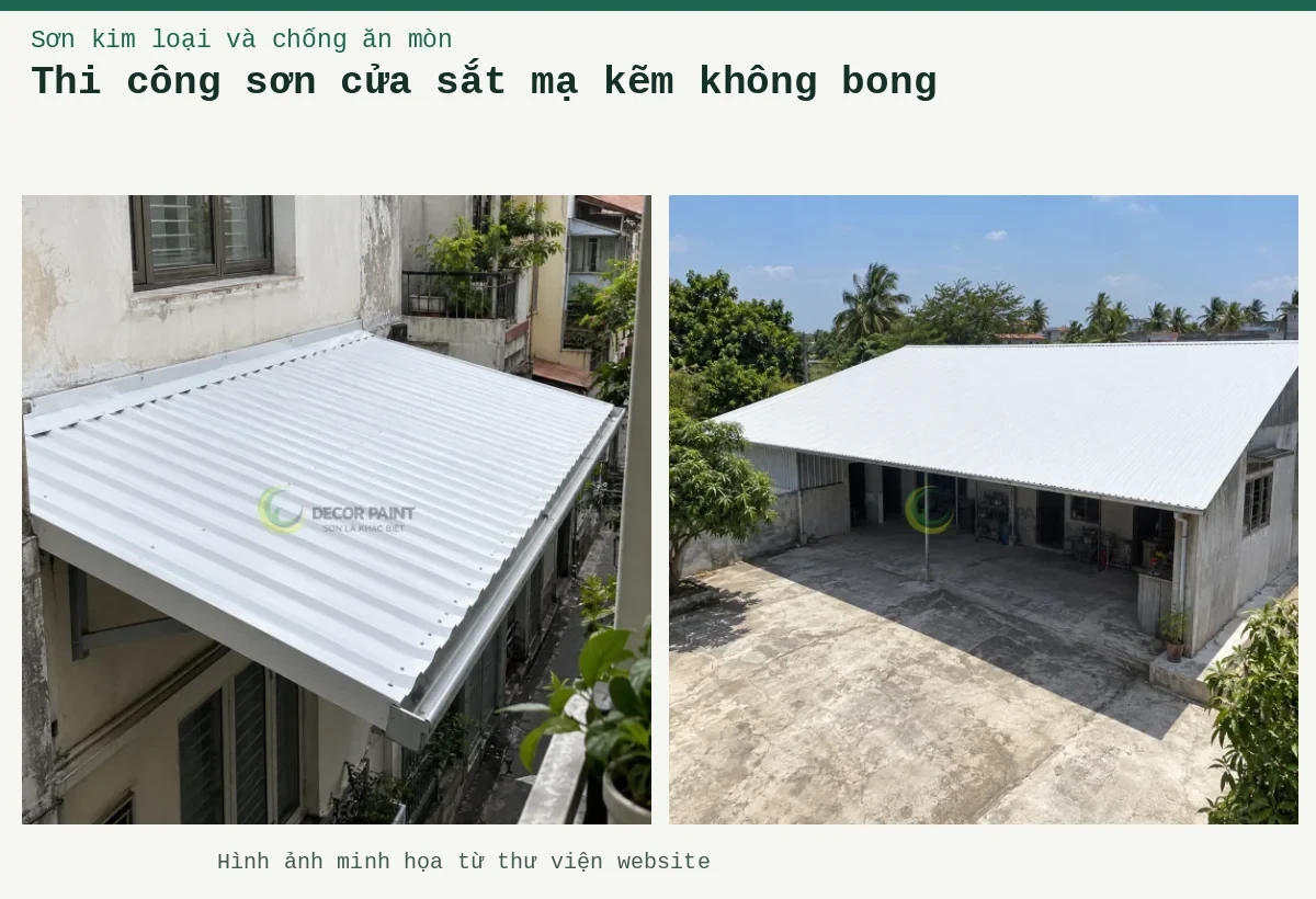 Thi công sơn cửa sắt mạ kẽm không bong – Ảnh minh họa: Mái tôn trắng của công trình một tầng và khoảng sân phía trước; Mái tôn trắng trên nhà phố dạng hẹp trong khu dân cư Hà Nội.