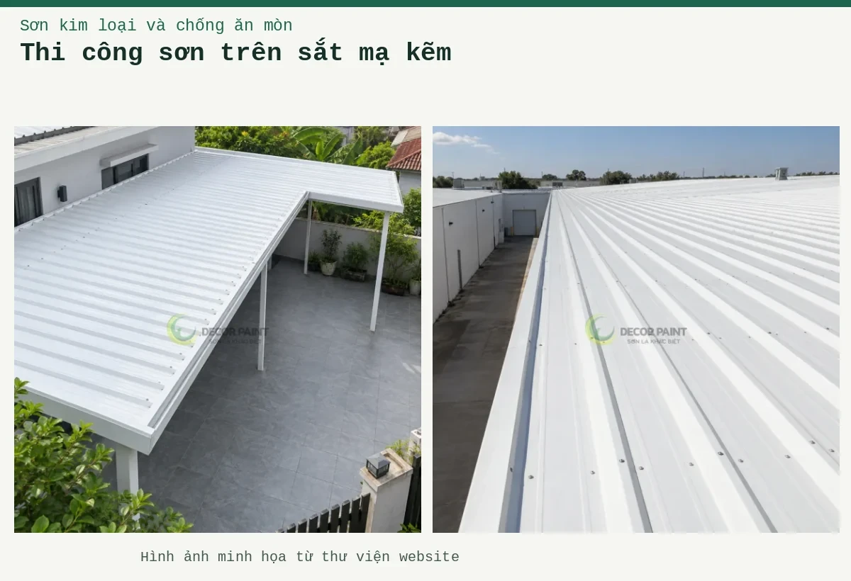 Thi công sơn trên sắt mạ kẽm – Ảnh minh họa: Các dải mái tôn công nghiệp màu trắng nhìn dọc theo công trình; Mái che sân nhà bằng tôn màu trắng.