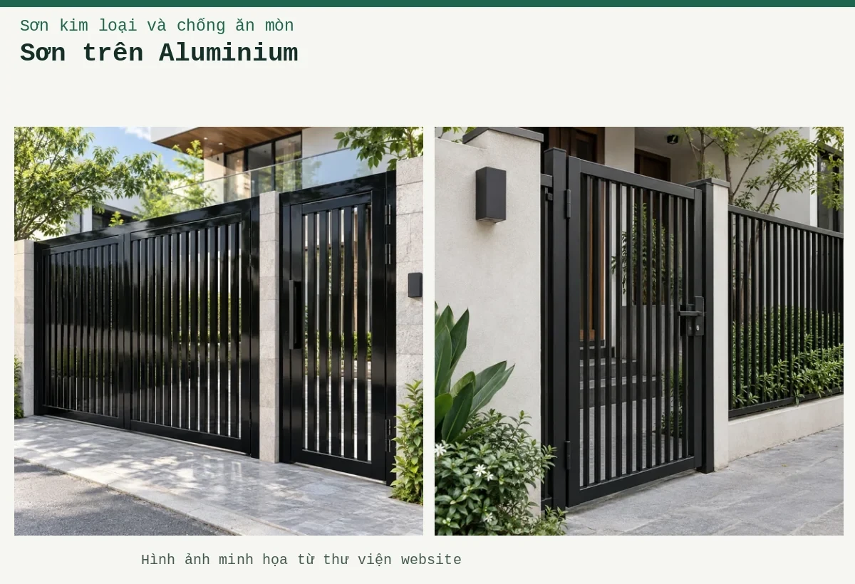 Sơn trên Aluminium – Ảnh minh họa: Sơn kim loại đen bóng – cửa cổng kim loại; Sơn kim loại đen mờ – cửa cổng kim loại.