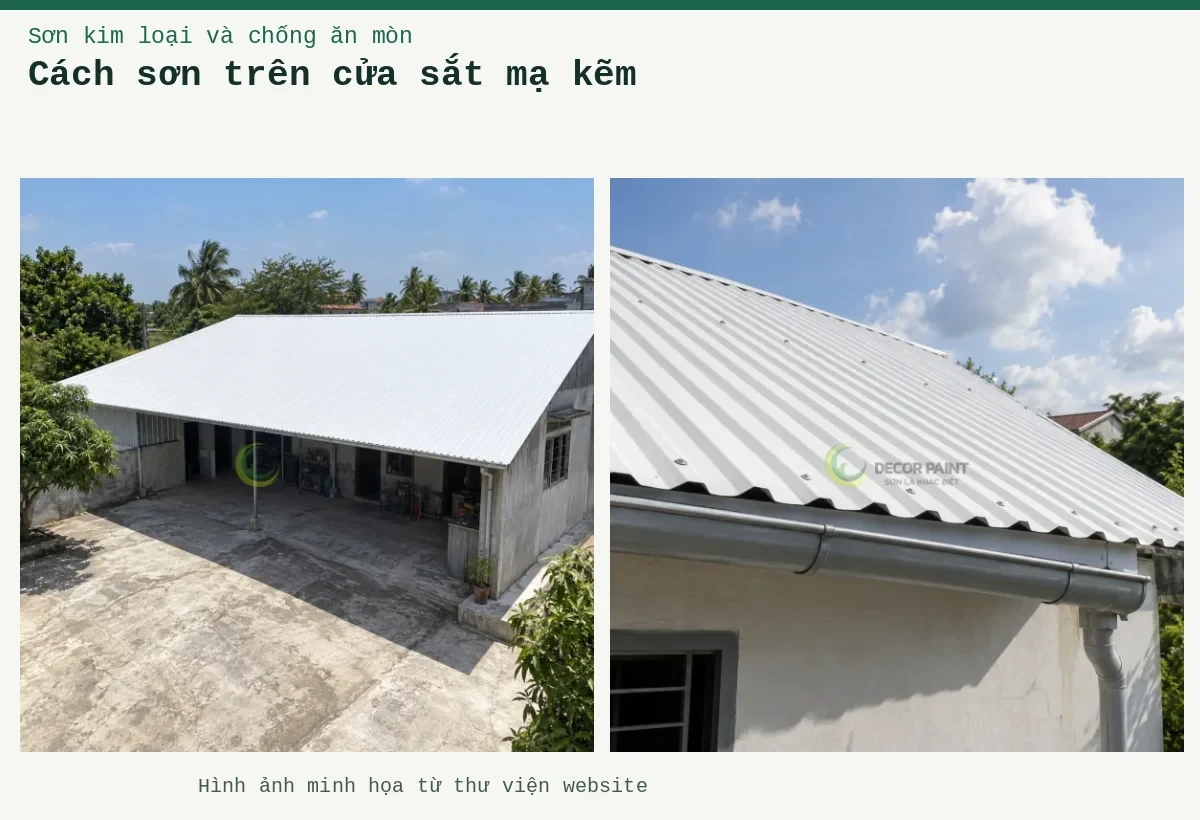 Cách sơn trên cửa sắt mạ kẽm – Ảnh minh họa: Mái tôn trắng của công trình một tầng và khoảng sân phía trước; Mái tôn nhà ở màu trắng với máng xối và ống thoát nước.