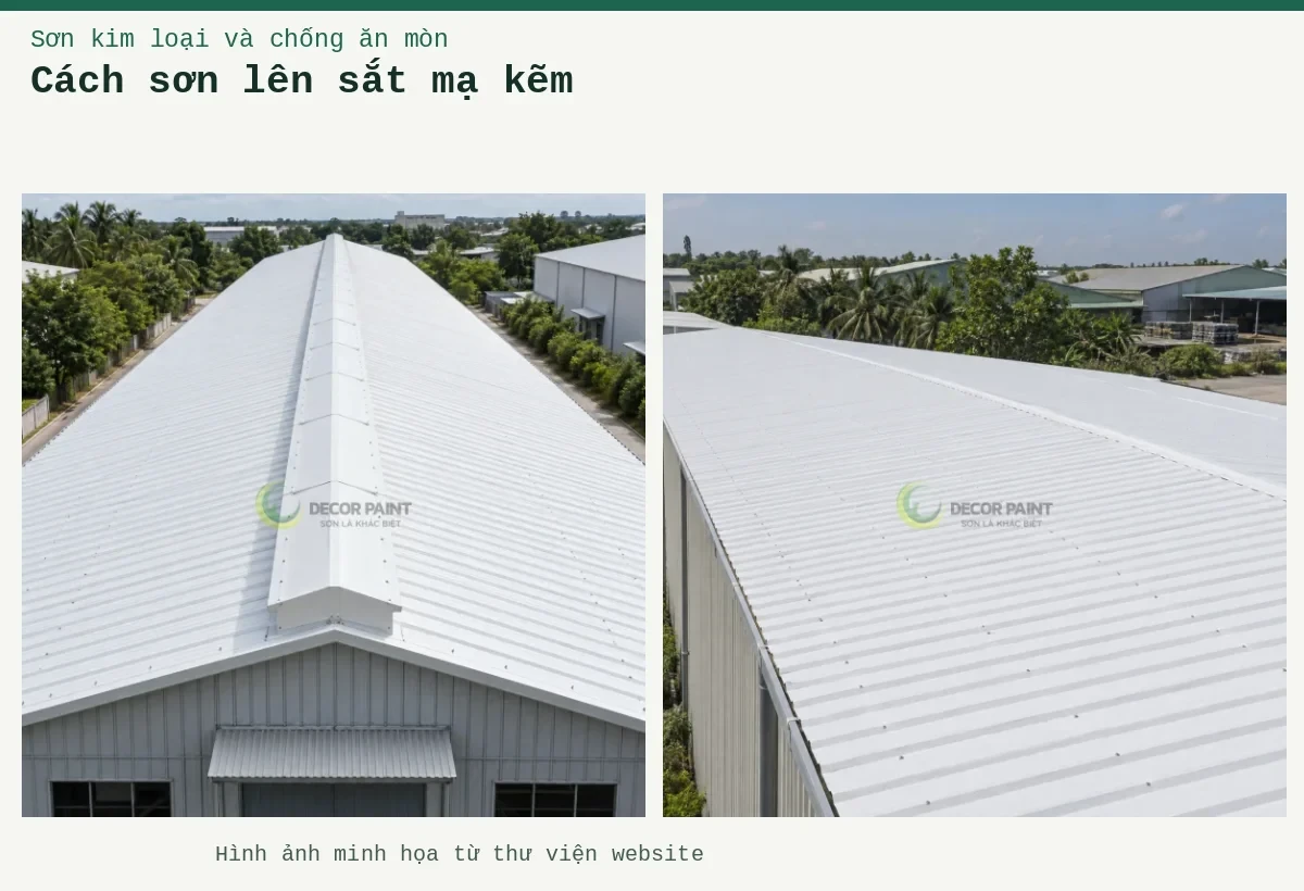 Cách sơn lên sắt mạ kẽm – Ảnh minh họa: Mái tôn nhà xưởng phủ màu trắng, nhìn chéo theo các đường sóng mái; Mái tôn nhà xưởng màu trắng và chóp thông gió.