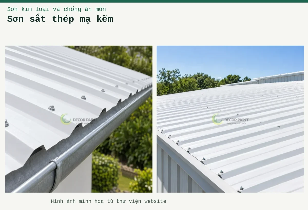 Sơn sắt thép mạ kẽm – Ảnh minh họa: Mái tôn phủ trắng dưới ánh nắng; Chi tiết mép tôn trắng, vít mái và máng xối.