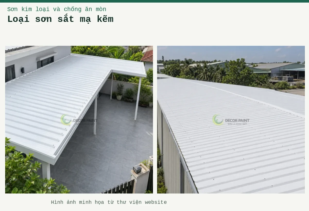 Loại sơn sắt mạ kẽm – Ảnh minh họa: Mái tôn nhà xưởng phủ màu trắng, nhìn chéo theo các đường sóng mái; Mái che sân nhà bằng tôn màu trắng.